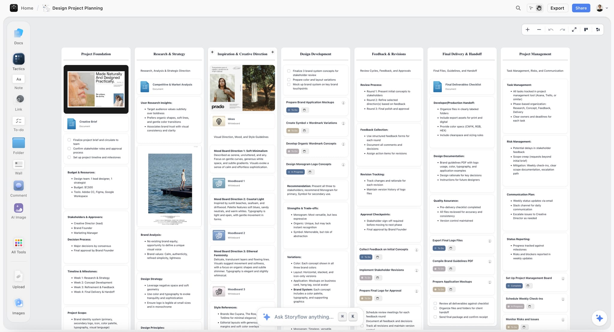 A design project held across nested Storyflow boards rather than spread across one flat plane of sections